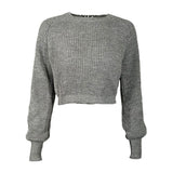 Cool Dark Gray Crew Neck Long Sleeve Cropped Pullover Knit Sweater