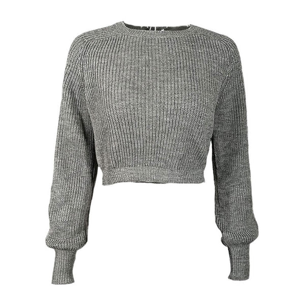 Cool Dark Gray Crew Neck Long Sleeve Cropped Pullover Knit Sweater