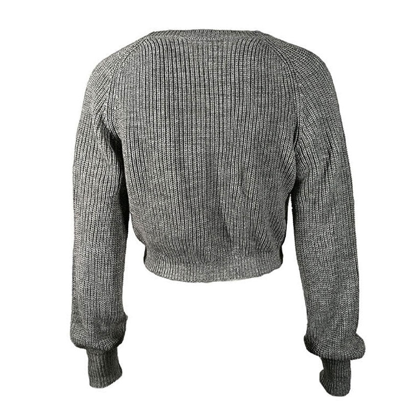 Cool Dark Gray Crew Neck Long Sleeve Cropped Pullover Knit Sweater