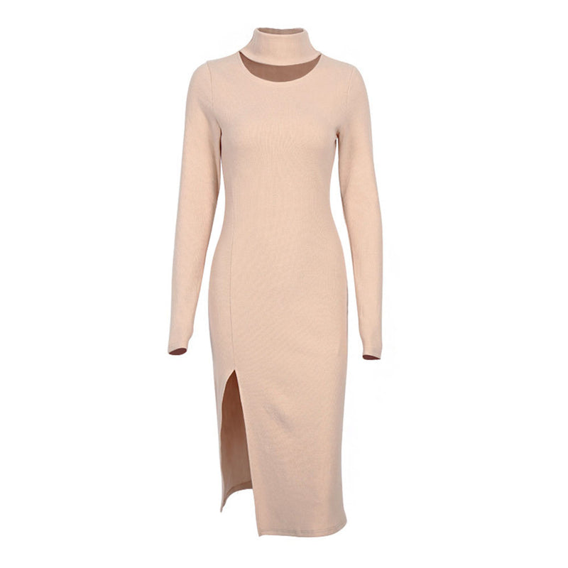 Cozy Khaki Chic Split High Neck Long Sleeve Rib Knit Midi Bodycon Dress