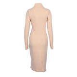 Cozy Khaki Chic Split High Neck Long Sleeve Rib Knit Midi Bodycon Dress