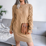 Cozy Crew Neck Long Sleeve Cable Knit Pullover Sweater Mini Dress