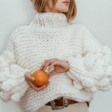 Cozy Funnel Neck Popcorn Detail Balloon Sleeve Chunky Knit Sweater