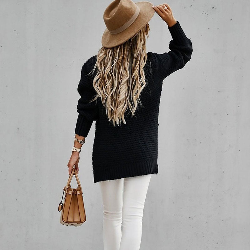 Cozy High Neck Balloon Sleeve Side Slit Chunky Knit Pullover Sweater