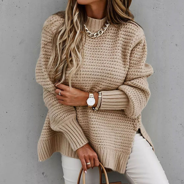Cozy High Neck Balloon Sleeve Side Slit Chunky Knit Pullover Sweater