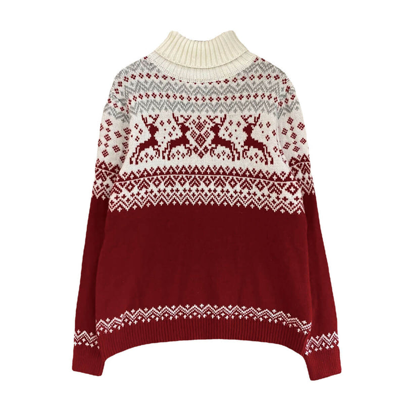 Cozy Red Nordic Fair Isle Reindeer Print Christmas Turtleneck Sweater