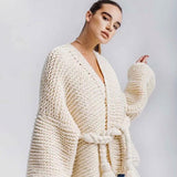 Cozy Puff Sleeve Woven Belted Hand Knit Chunky Yarn Crochet Cardigan