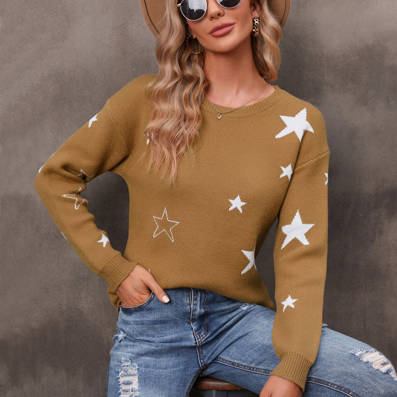 Cozy Camel Round Neck Long Sleeve Star Jacquard Knit Sweater