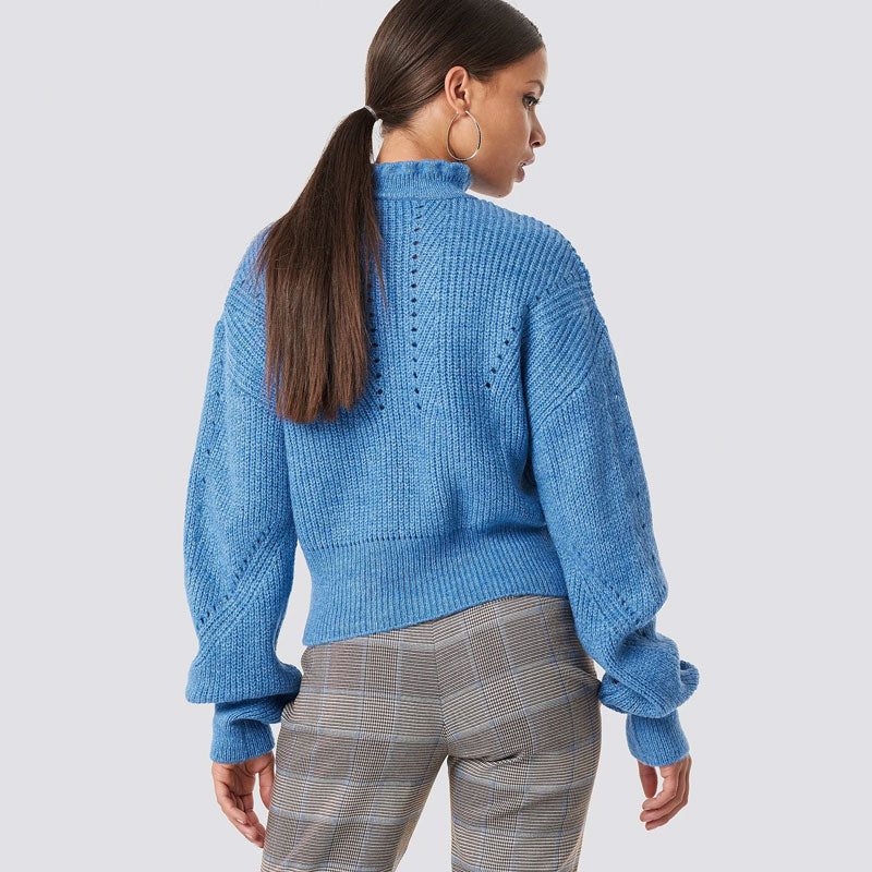 Cozy Blue Ruffle Trim High Neck Long Sleeve Pointelle Knit Sweater