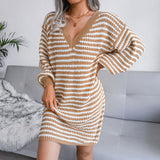 Cozy V Neck Balloon Sleeve Contrast Striped Sweater Mini Dress