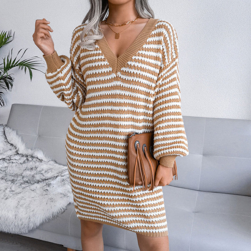 Cozy V Neck Balloon Sleeve Contrast Striped Sweater Mini Dress