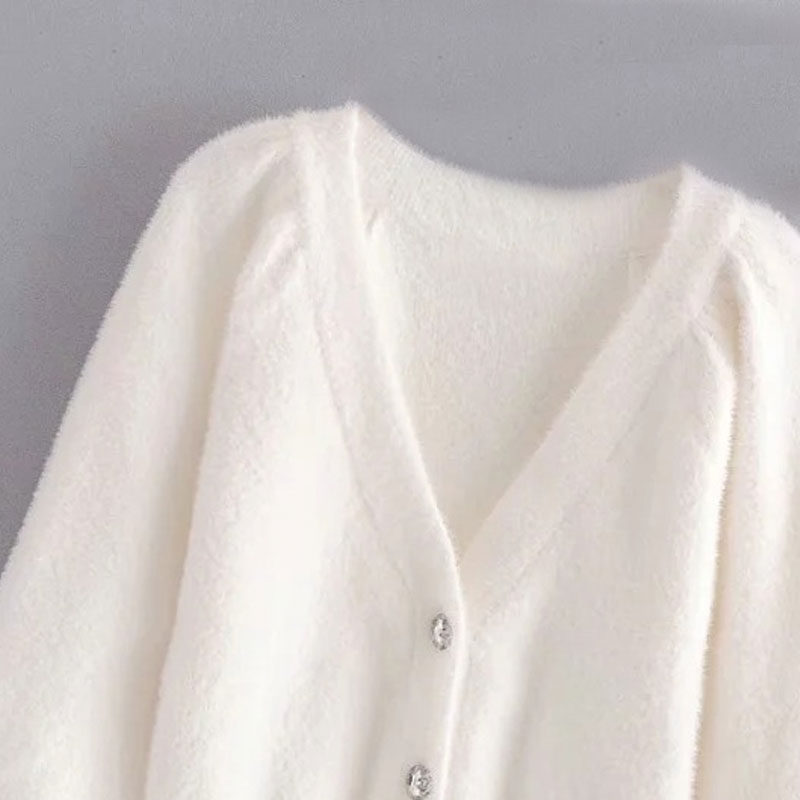 Cozy V Neck Button Up Long Sleeve Eyelash White Mohair Cardigan