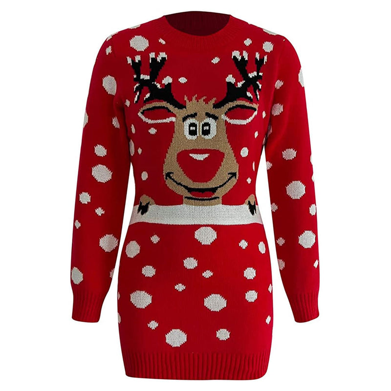 Cute Red Christmas Holiday Reindeer Crew Neck Mini Fitted Sweater Dress