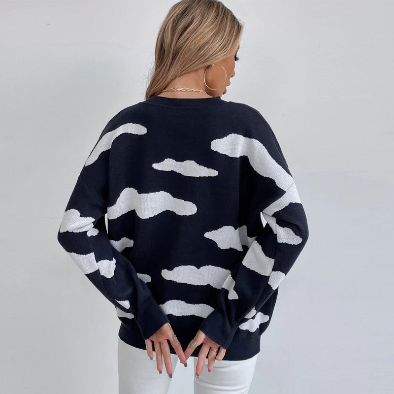 Cute Crew Neck Cloud Jacquard Knit Black Oversized Pullover Sweater