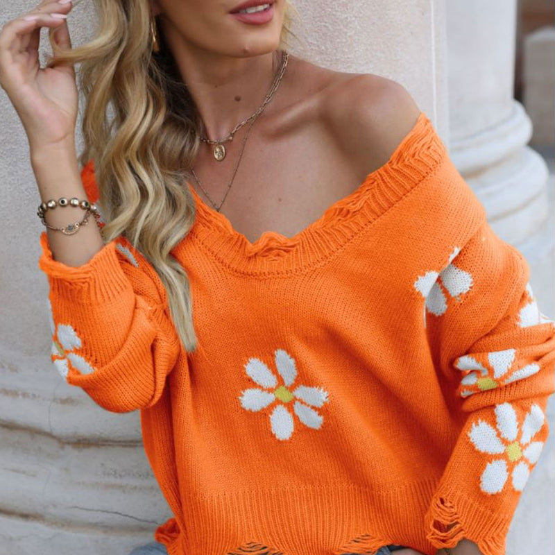 Cute Daisy Floral Distressed Deep V Neck Oversized Pullover Sweater