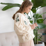 Cute White Floral Embroidered Popcorn Chunky Hand Knit Button Up Cardigan