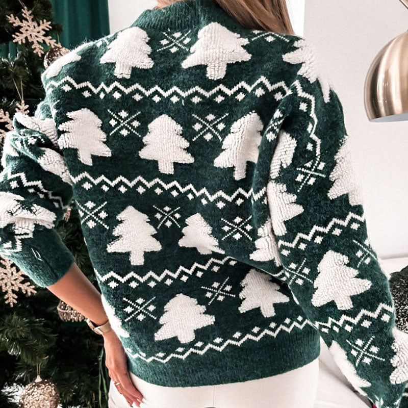Cute Fluffy Christmas Tree Pattern High Neck Holiday Sweater