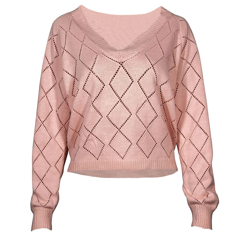 Cute Pink Oversized V Neck Long Sleeve Argy Pointelle Knit Sweater