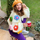 Cute Puff Sleeve Hand Knit Chunky Yarn Floral Cropped Cardigan