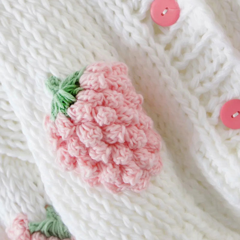 Cute Puff Sleeve Hand Knit Chunky Yarn Strawberry Cropped Cardigan
