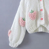 Cute Puff Sleeve Hand Knit Chunky Yarn Strawberry Cropped Cardigan