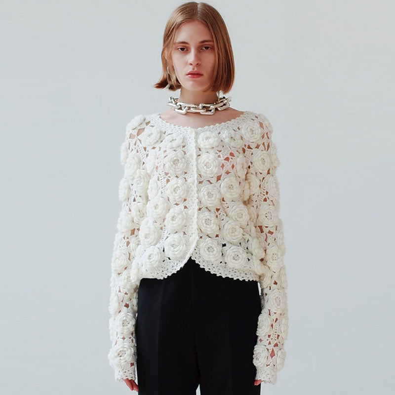 Cute White Rosette Crochet Hand Knit Button Up Wool Blend Crop Cardigan