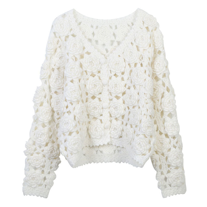 Cute White Rosette Crochet Hand Knit Button Up Wool Blend Crop Cardigan