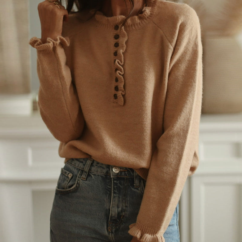 Cute Ruffle Trim Long Sleeve Half Button Up Khaki Pullover Sweater