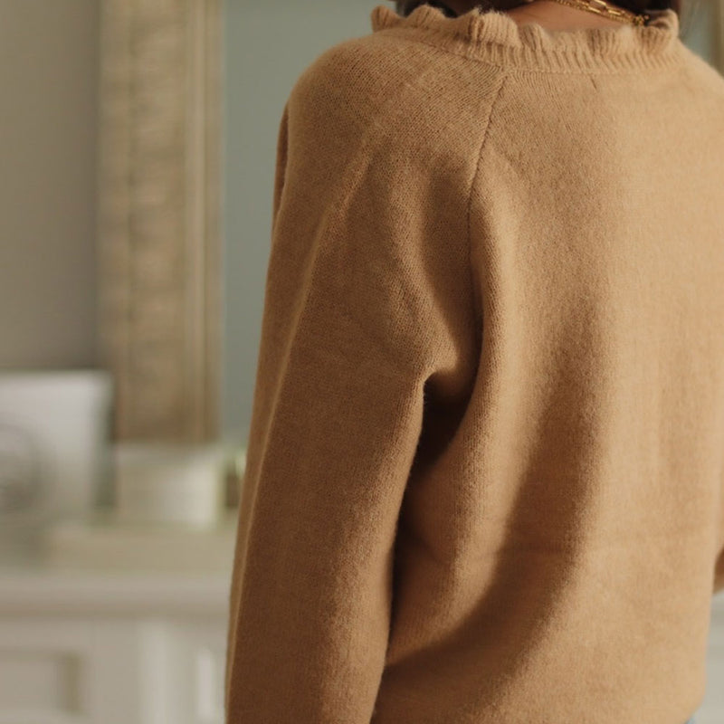 Cute Ruffle Trim Long Sleeve Half Button Up Khaki Pullover Sweater