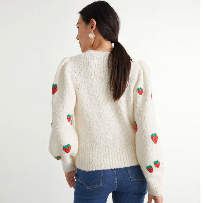 Cute Strawberry Embroidered Puff Sleeve Crew Neck White Pullover Sweater