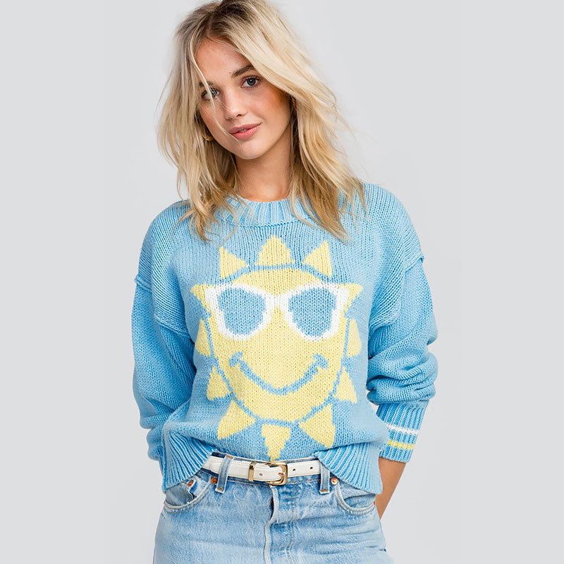Cute Blue Sun Pattern Crew Neck Drop Shoulder Pullover Sweater