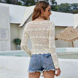 Cute V Neck Ruched Drawstring Scalloped Cropped Beige Crochet Open Knit Top