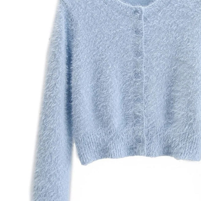 Cute Baby Blue Winter Button Up Eyelash Cropped Mohair Cardigan
