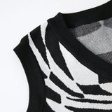 Edgy Contrast Black and White Checkered Print V Neck Swirl Sweater Vest