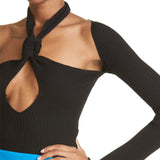 Edgy Knotted Halter Neck Cutout Front Black Long Sleeve Rib Knit Fitted Top