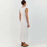 Elegant White Crew Neck Sleeveless Rib Knit Fitted Midi Dress