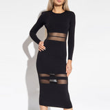 Elegant Black Mesh Panel Crew Neck Long Sleeve Bodycon Midi Knit Dress