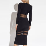 Elegant Black Mesh Panel Crew Neck Long Sleeve Bodycon Midi Knit Dress