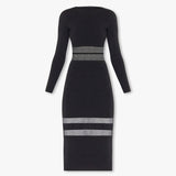 Elegant Black Mesh Panel Crew Neck Long Sleeve Bodycon Midi Knit Dress