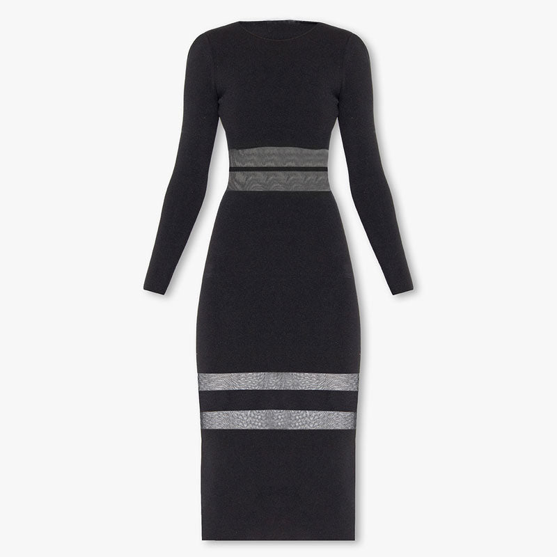 Elegant Black Mesh Panel Crew Neck Long Sleeve Bodycon Midi Knit Dress