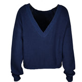 Elegant Navy Blue V Back Crew Neck Long Sleeve Pullover Knit Sweater