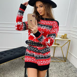 Fair Isle Christmas Reindeer Print Crew Neck Mini Sweater Dress