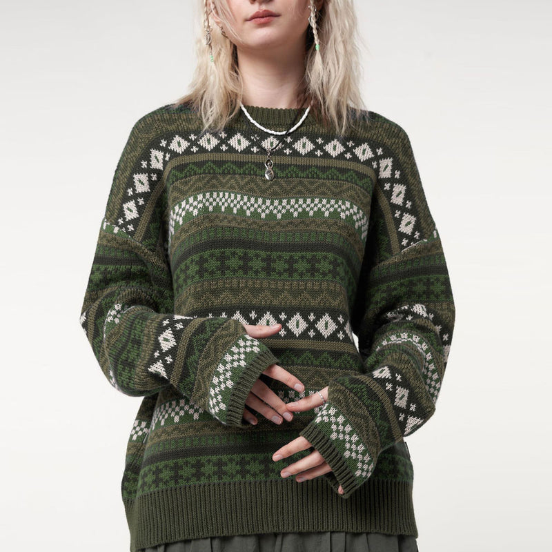 Fair Isle Crew Neck Long Sleeve Geometric Jacquard Knit Sweater