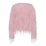 Fancy Pink Crew Neck Fringe Long Sleeve Cropped Pullover Sweater