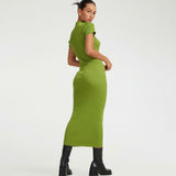 Feminine Lime Green Cut Out Front High Neck Short Sleeve Rib Knit Midi Dress