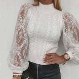 Feminine Floral Lace Panel Puff Sleeve High Neck White Cable Knit Sweater