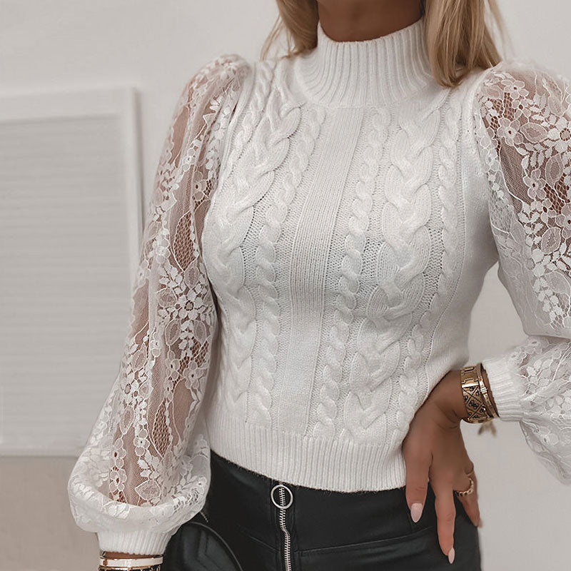 Feminine Floral Lace Panel Puff Sleeve High Neck White Cable Knit Sweater