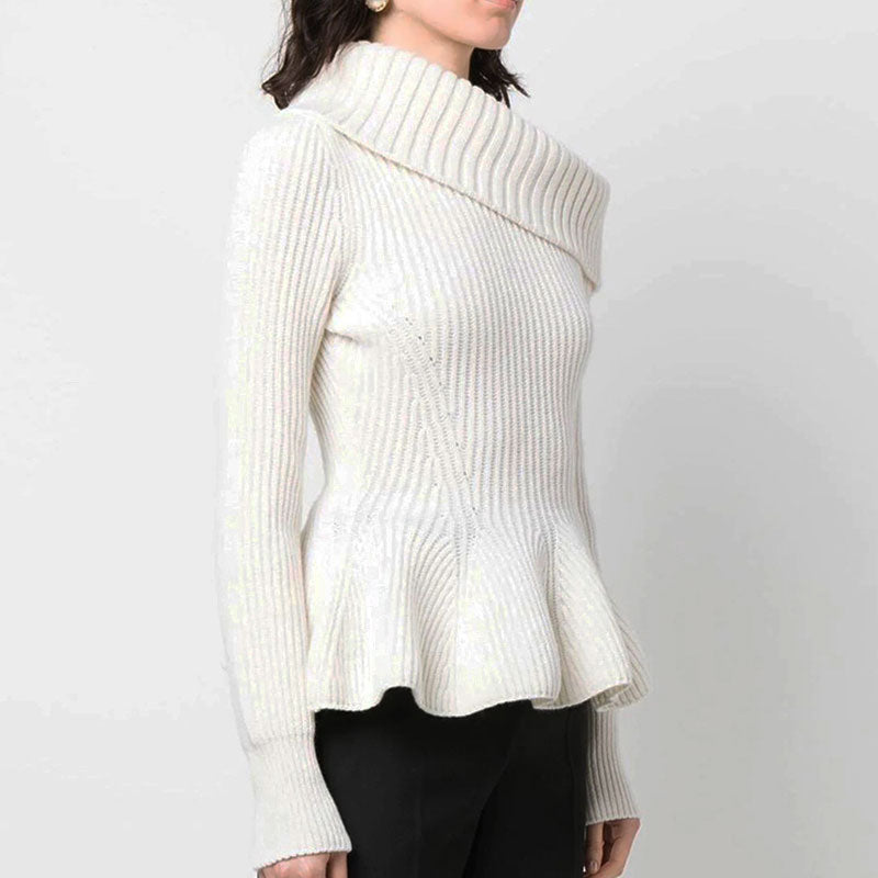 Feminine Folded Collar One Shoulder Ribbed Knit Peplum Sweater