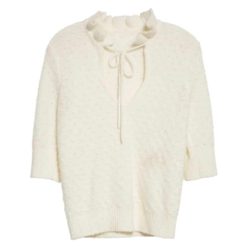 Feminine Ruffled Trim Cutout Front Puff Sleeve Pointelle White Knit Sweater
