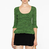 Feminine Green Ruffled Trim Half Sleeve Scoop Neck Marled Rib Knit Fitted Sweater
